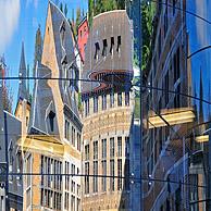 Reflection in glass façade of the historical buildings at the Cour des Mineurs, Liège, Belgium